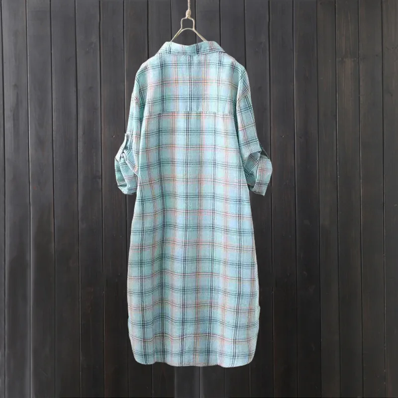 Plaid shirt women's summer long loose large size top long-sleeved cotton and linen shirt sun protection shirt thin jacket view 4