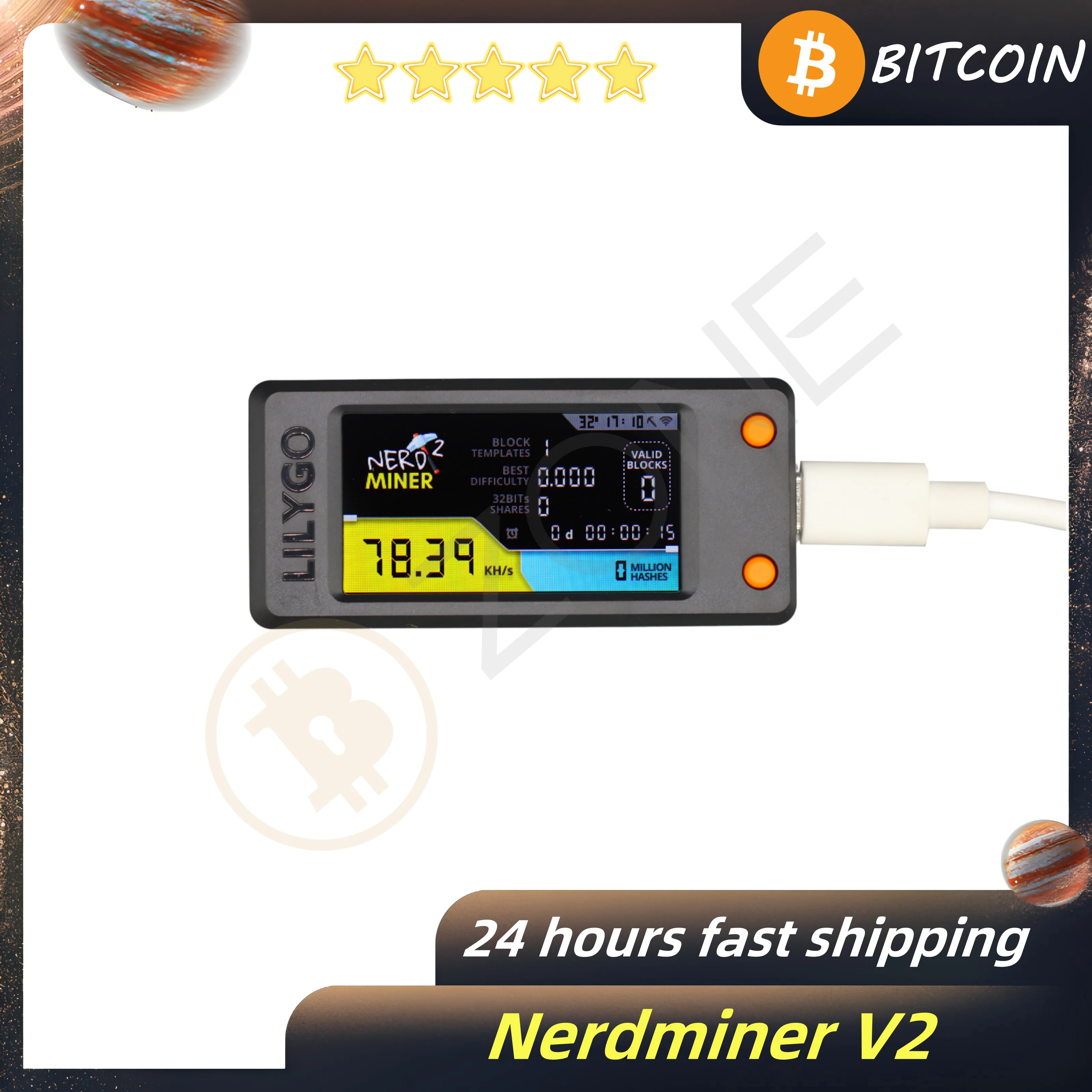 T Display S3 Bitcoin Solo Lottery Miner Nverdminer V2.0 78KH/s Hashrate Upgraded BTC Lotto Machine with Only 1 Watts