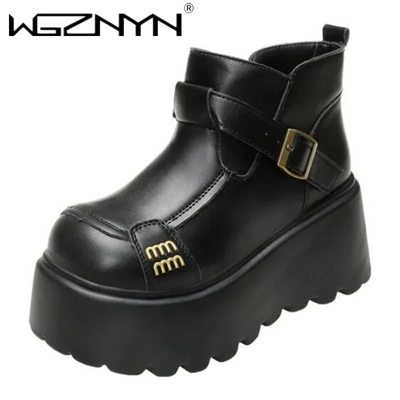Designer Platform Ankle Boots Woman Punk Leather Shoes Warm Snow Boot Woman 2025 Winter Trend Cozy Fashion Walking Botas Mujer