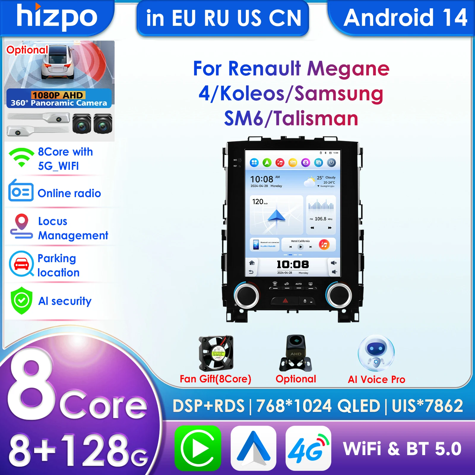 

Hizpo Carplay 4G 9,7-дюймовый экран 2Din Android 14 Автомобильная радиостанция для Renault Koleos Megane 4 Samsung SM6 Talisman 2017-2019 для Tesla S