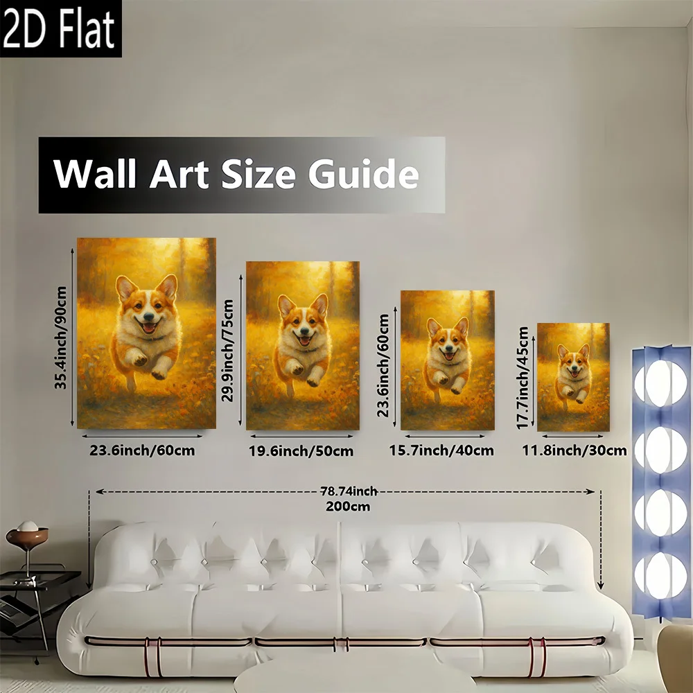 2D Flat 1pc Happy Corgi Running in Field Frameless Canvas Wall Art - Modern Retro Style, High-Quality Printed Poster, Vibrant