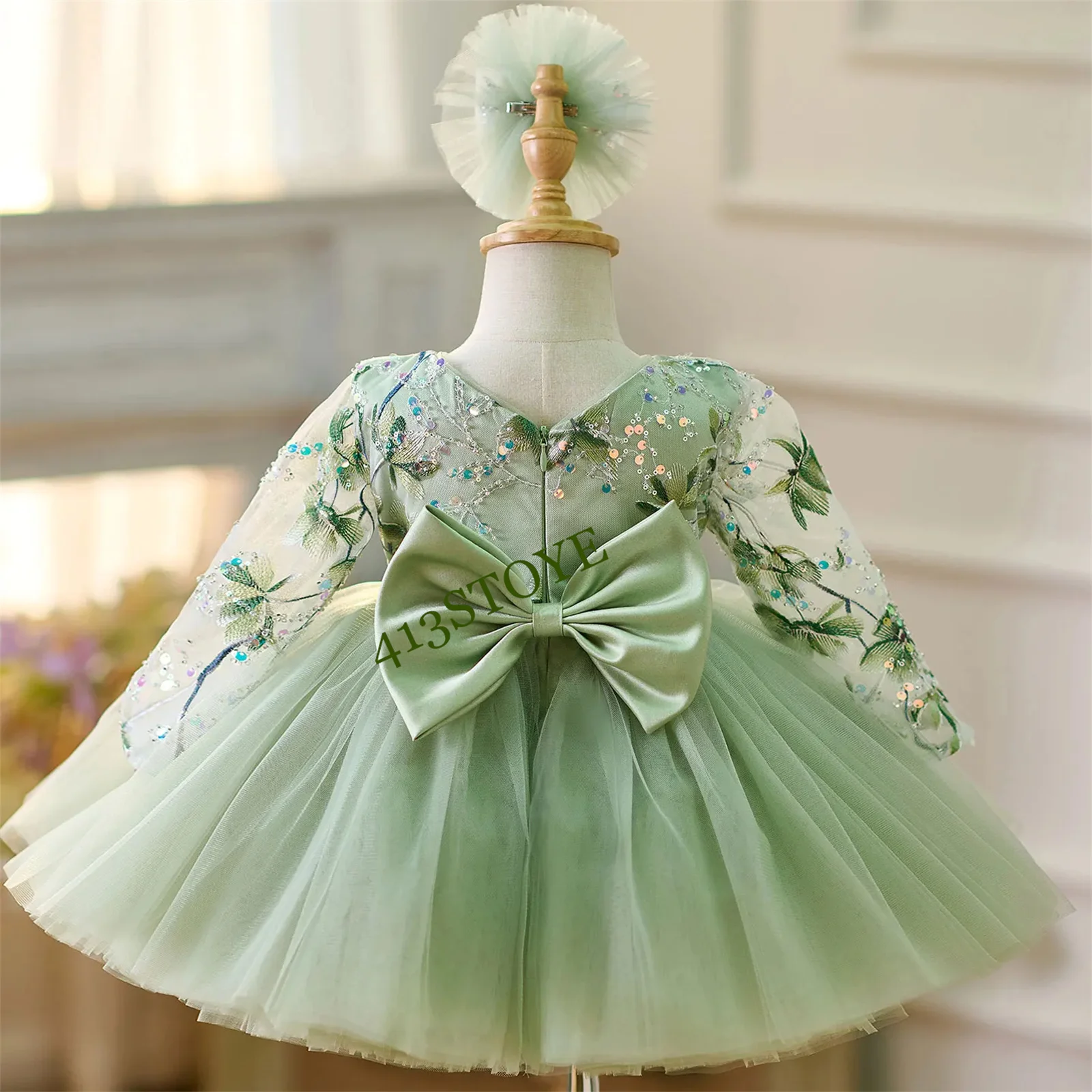 

Очаровательное детское кружевное платье зеленого цвета с длинными рукавами по индивидуальному заказу для девочек с бантом длиной до колена, платье принцессы на свадьбу, день рождения