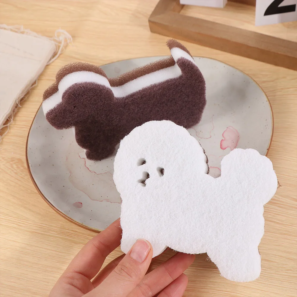 4pcs 3-Layer Dog Shape Sponge Scrubber Non-Scratch Cartoon Dual Sided Kitchen Brush Multifunctional Efficient Cleaning
