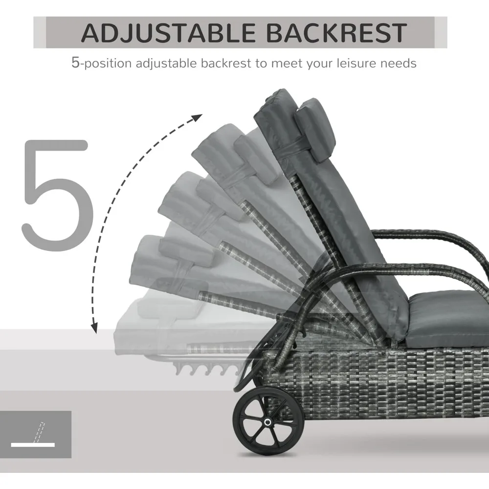 Conjunto de 2 espreguiçadeiras de vime para exterior, encosto ajustável de 5 níveis, espreguiçadeira de piscina de vime PE com rodas, almofada e encosto de cabeça,