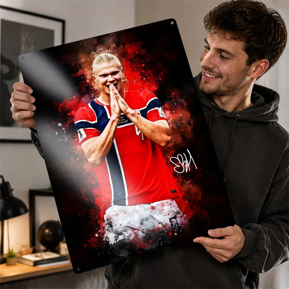 Erling Haaland Norway Soccer Personalized 3D Textured Metal Poster Wall Art Vintage Tin Signs for Garage Accessories Room Decor