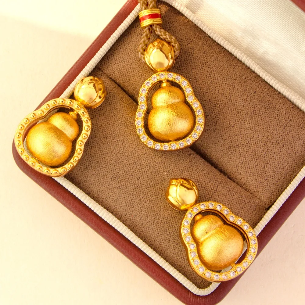 Brushed silk inlay lotus fat gourd necklace senior feeling retro Fu Lu 9999gold