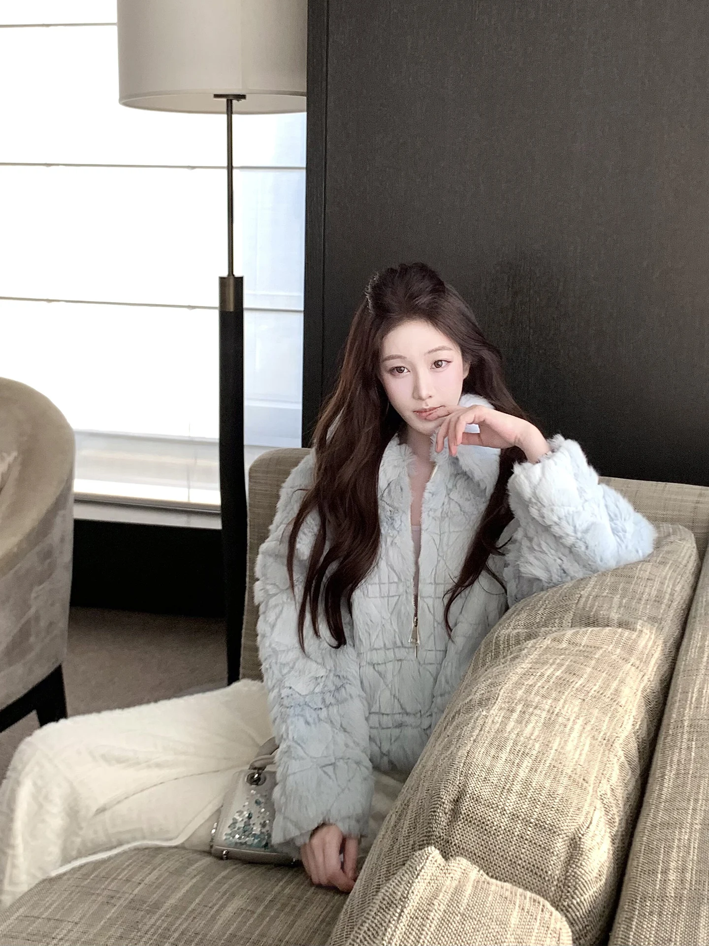 Soft Rabbit Fur Leather Jaet Women's Casual Sle ort Length Long Sve Zipper Closure Diamond Pattern Collectible Baby ...