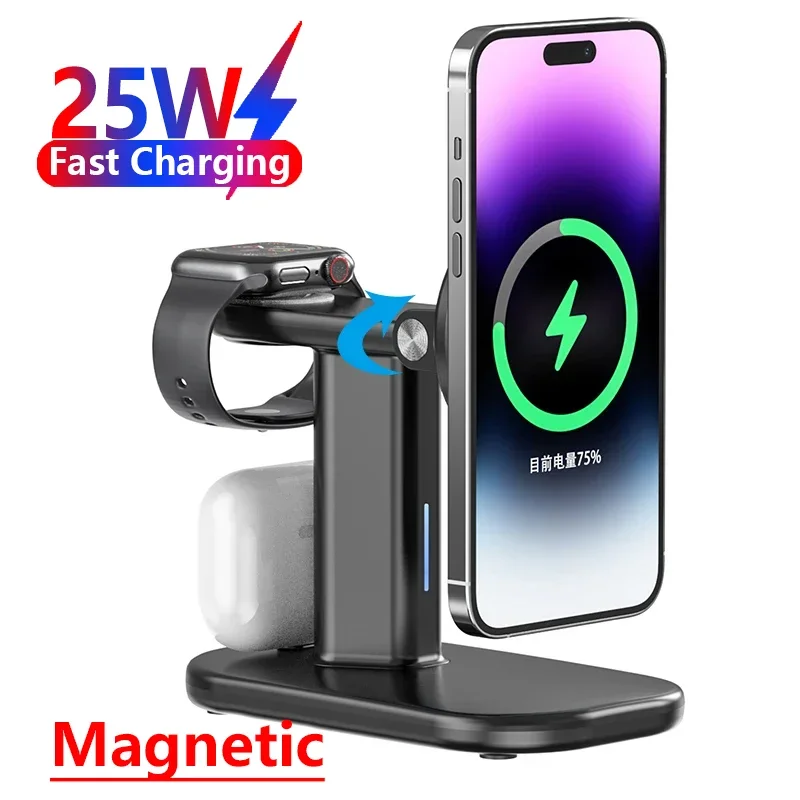 90Rotate 25W 3 in 1 Magnetic Wireless Charger Stand Macsafe For iPhone 15 14 13 Pro Max Apple Watch Airpod Fast Charging Station