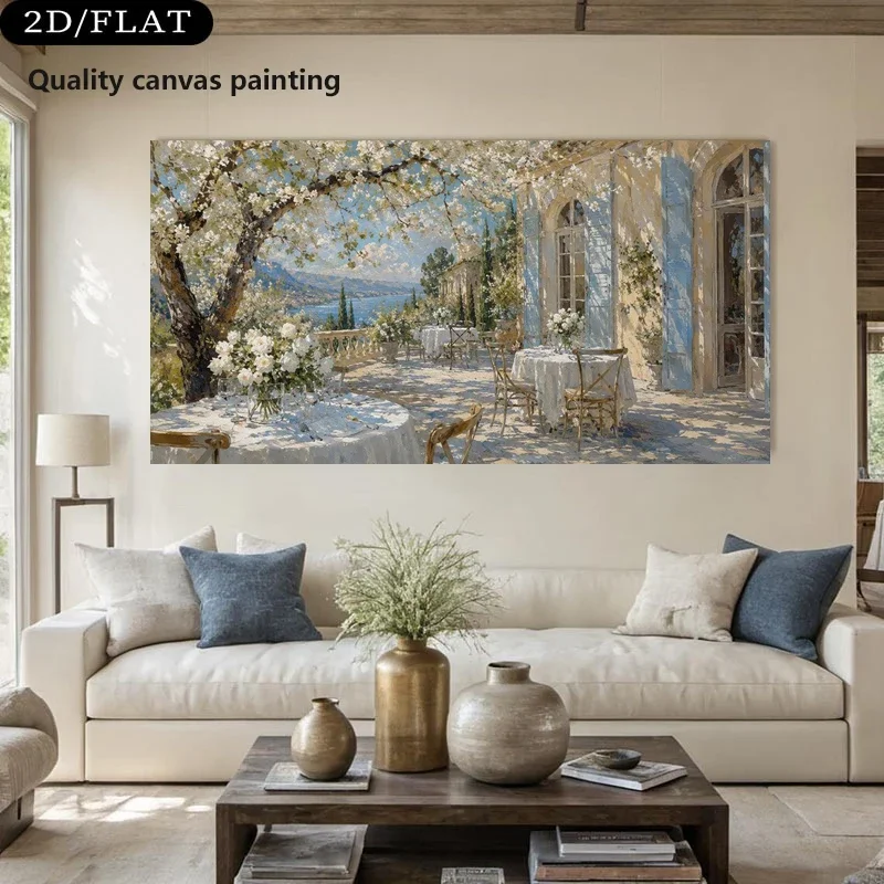 Frameless Canvas PaintingMediterranean Terrace Wall Art, Coastal Cafe Canvas Print, Blue Shutter Artwork, European Dining Room D