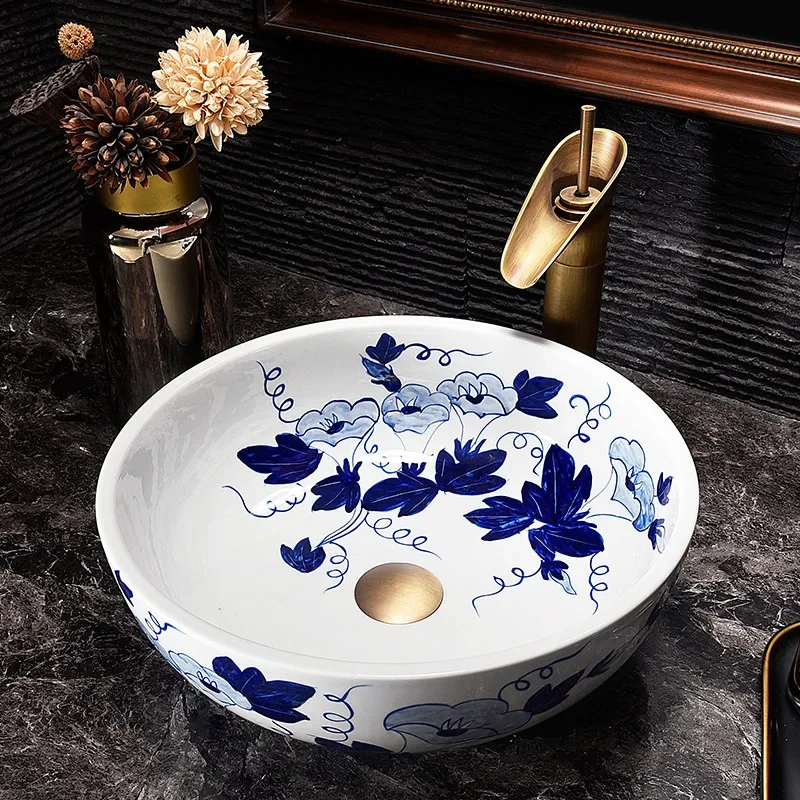 

Blue and White Porcelain Table Basin round Art Ceramic Basin Retro Chinese Bathroom Face Washing at Home Single Basin Bathroom