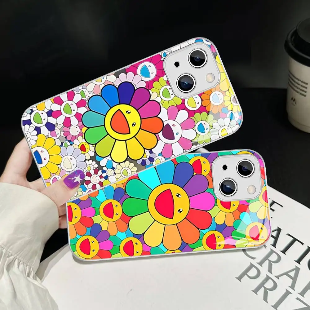 Famosa Obra de Arte Floral T-TakashiS M-MurakamiS em Vidro Temperado para iPhone 14 13 12 11 Pro Mini XS MAX 14Plus X XS XR Fundas