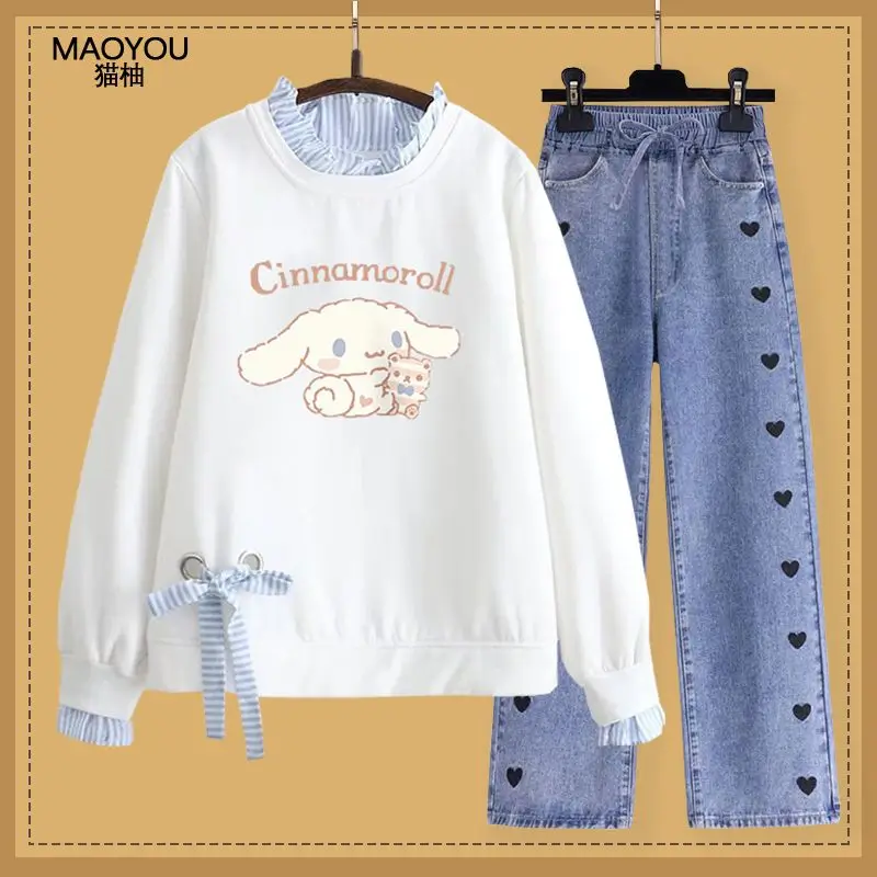 Kawaii Sanrio Cinnamoroll felpa con cappuccio Set ragazze medio e grande bambini felpa stile sciolto primavera autunno vestito cotone regali di