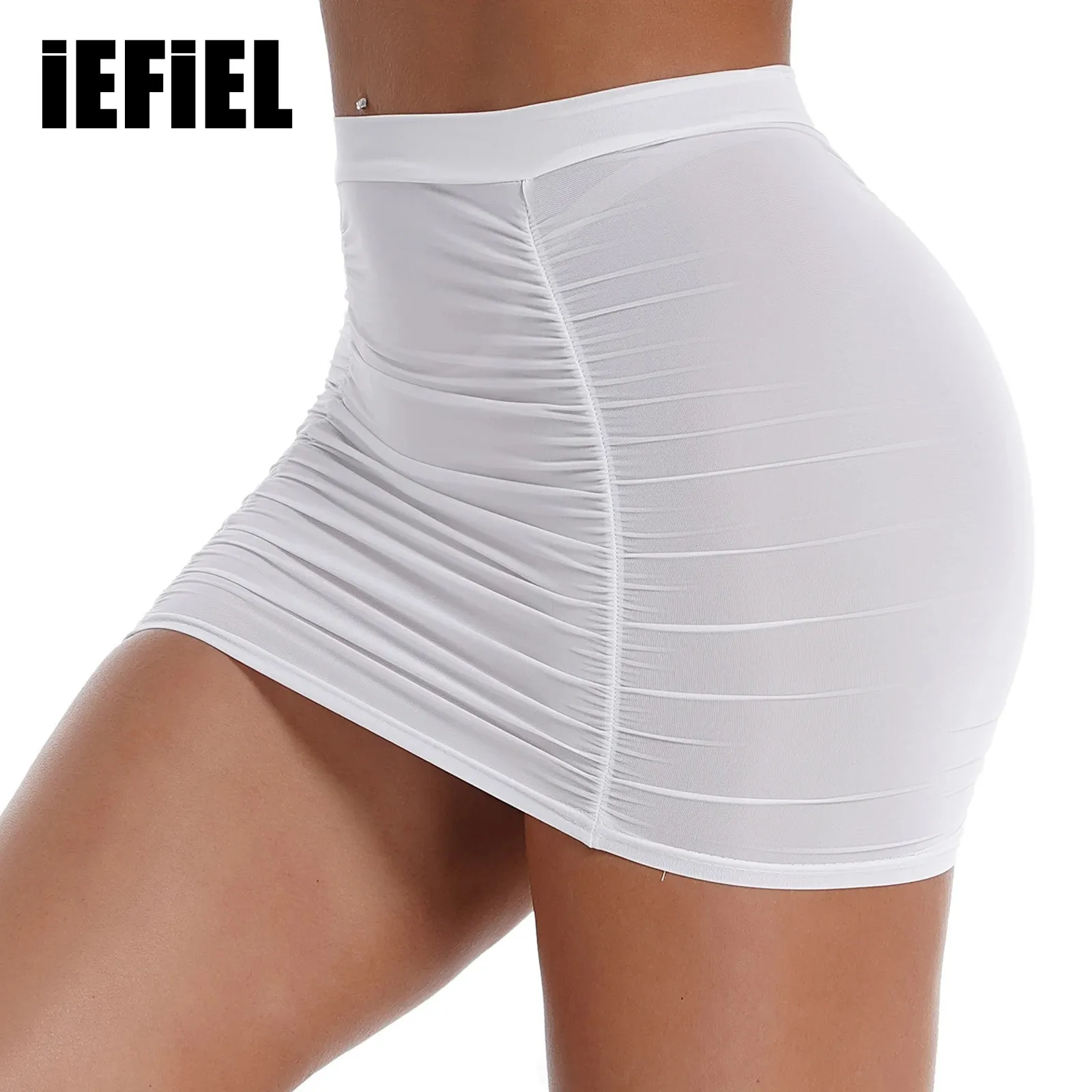 

Women Mini Skirt Mid Waist Stretchy Shirring Skirt Ladies Summer Elastic Waistband Ruched Skirt for Party Nightclub