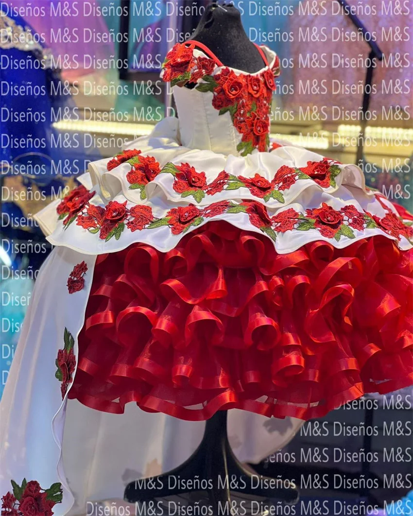 Red Mexican Flower Girls Dress 2024 Off Shoulder Flower Appliques Pearls Princess Gown For Birthday Party Ruffles Ball Gown