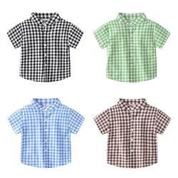 Plaid Fashion Boys Shirts Stand Collar Toddler Summer Outfits Children Tops Kids Clothes