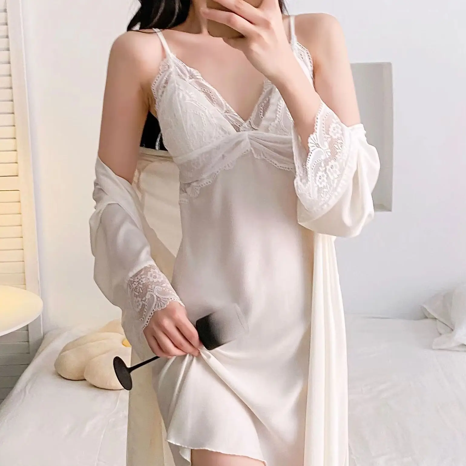 

Комплект из двух предметов: женский пеньюар и ночная сорочка, кружевная ночная рубашка, летний шелковый атласный халат-кимоно, домашняя одежда для женщин