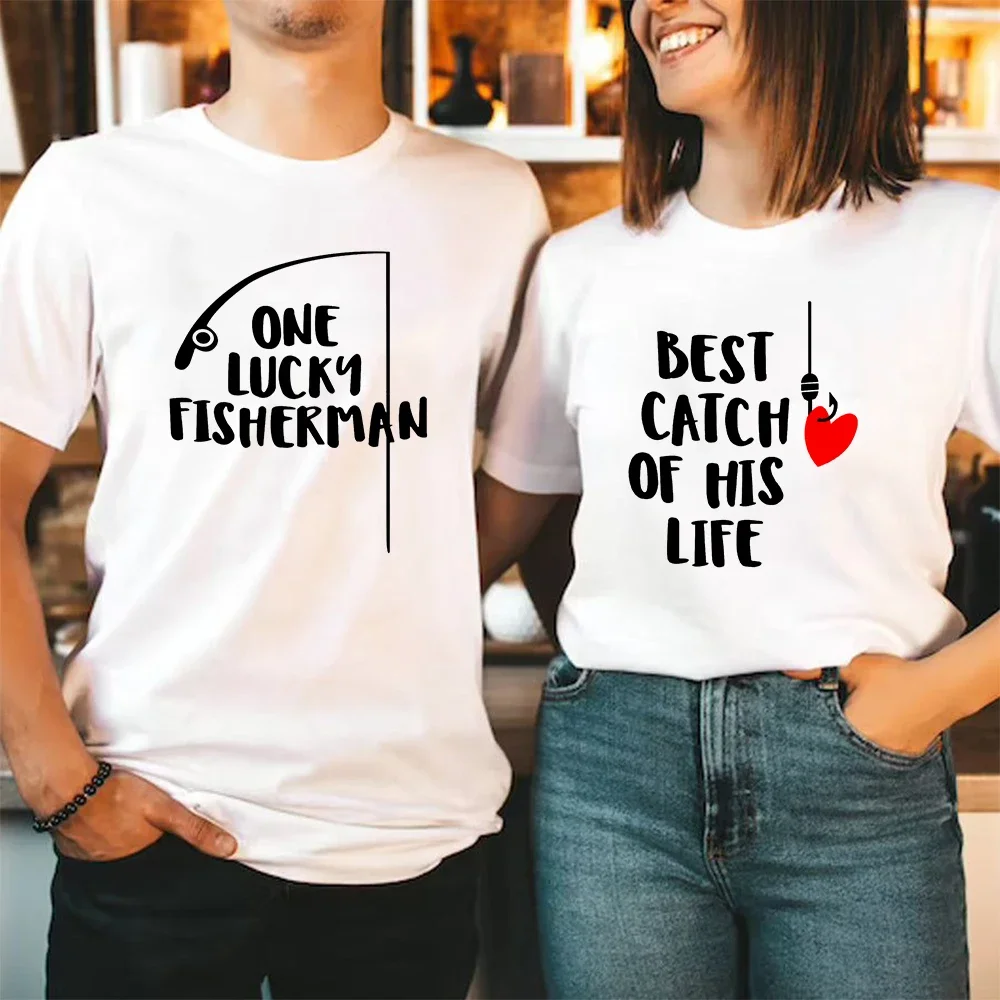 One Lucky Fisherman Best Catch of His Life Funny Fishing Shirts Fishing Couples TShirts Husband Wife T Shirt Valentines Day Gift
