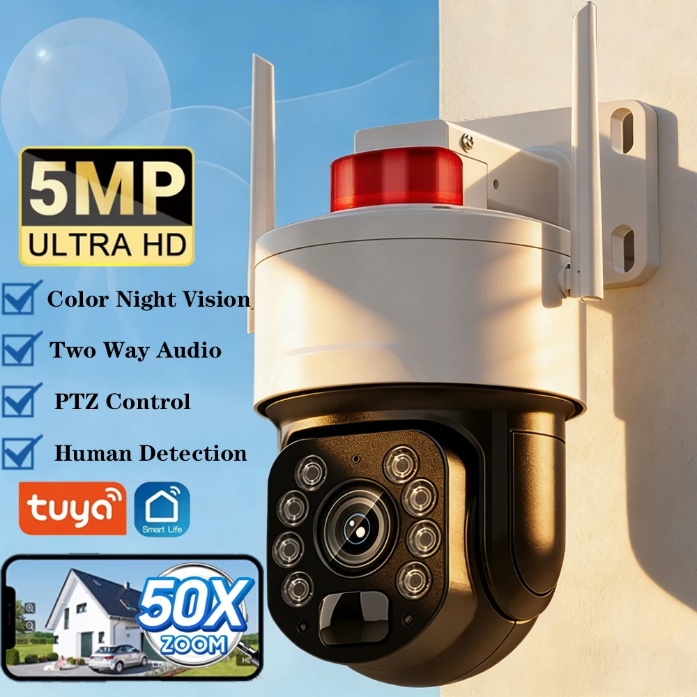 

Уличная Wi-Fi PTZ-камера Tuya Smart Life с 50-кратным оптическим зумом, обнаружением человека, разрешением 5 МП, цветным ночным видением и аудио (IP-камера видеонаблюдения)