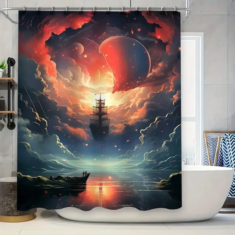 

Stunning Space-themed Shower Curtain with Moon Stars Design Modern Bathroom Decor for Home Includes Grommets Hooks (Orange/Black