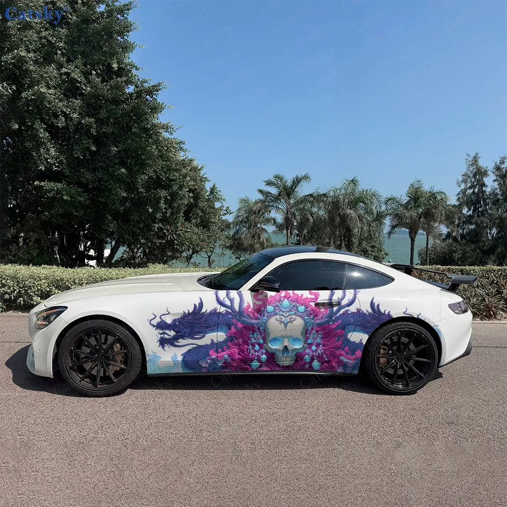 2pcs Double Dragon Antler Wraith Car Side Wraps, Self-Adhesive PVC Waterproof & Scratch-Resistant Stickers, Car Accessory Gift