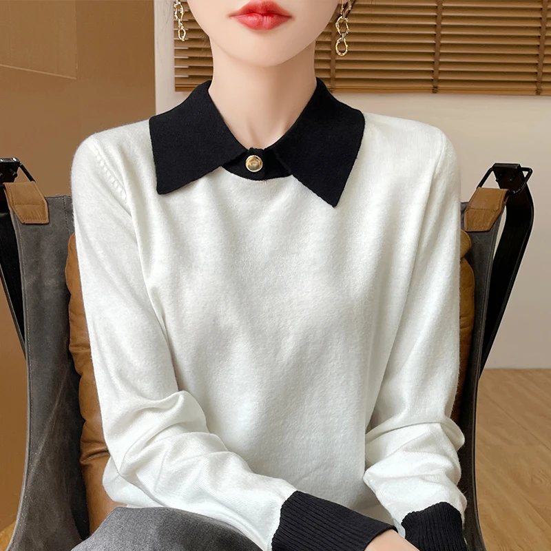 Women Fine Wool Sweater Polo Collar Split Joint Pullover Autumn Winter Female Fake Two Piece Knitwear Long Sleeve Basis Tops