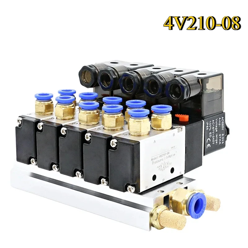 12/24V DC 110/220V AC Multi Option 4V210-08 Pneumatic Solenoid Valve Block With Muffler Fitting Base Manifold 2/3/4/6 Way