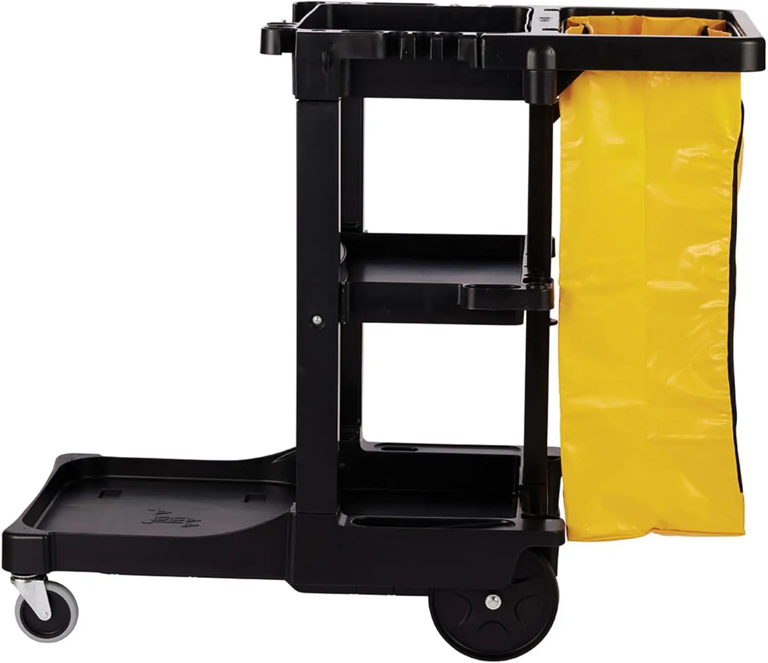 Commercial Traditional Janitorial 3-Shelf Cleaning Cart, Wheeled with Zippered Yellow Vinyl Bag