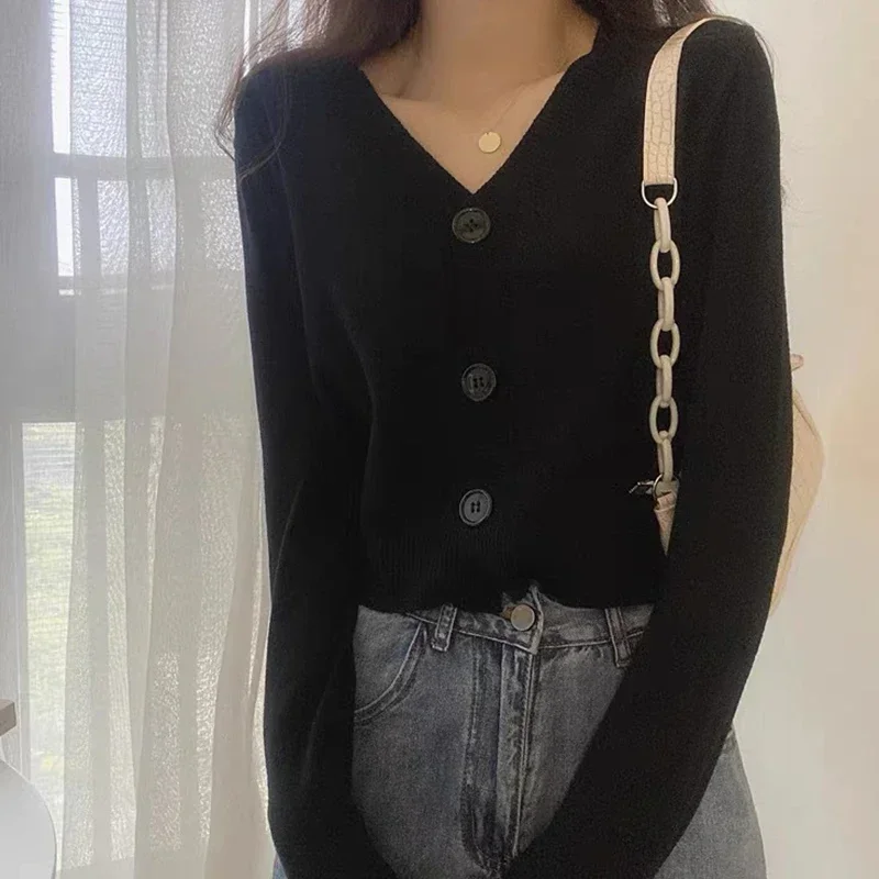 Autumn Winter Long Sleeve Sweater Cardigan Women V Neck Short Top Office Ladies Clothes Slim Streetwear Solid Knitted Cardigan