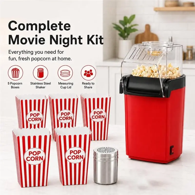 ABBZ-Hot Air Popcorn Maker With 5 Popcorn Boxes & Seasoning Shaker 3.5QT Electric Popcorn Popper For Movie Nights US US Plug