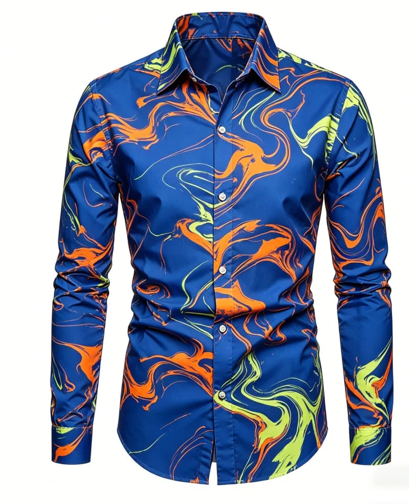

Men's fluid marble vortex print long sleeved shirt, artistic avant-garde style charm, for casual gatherings and daily wear