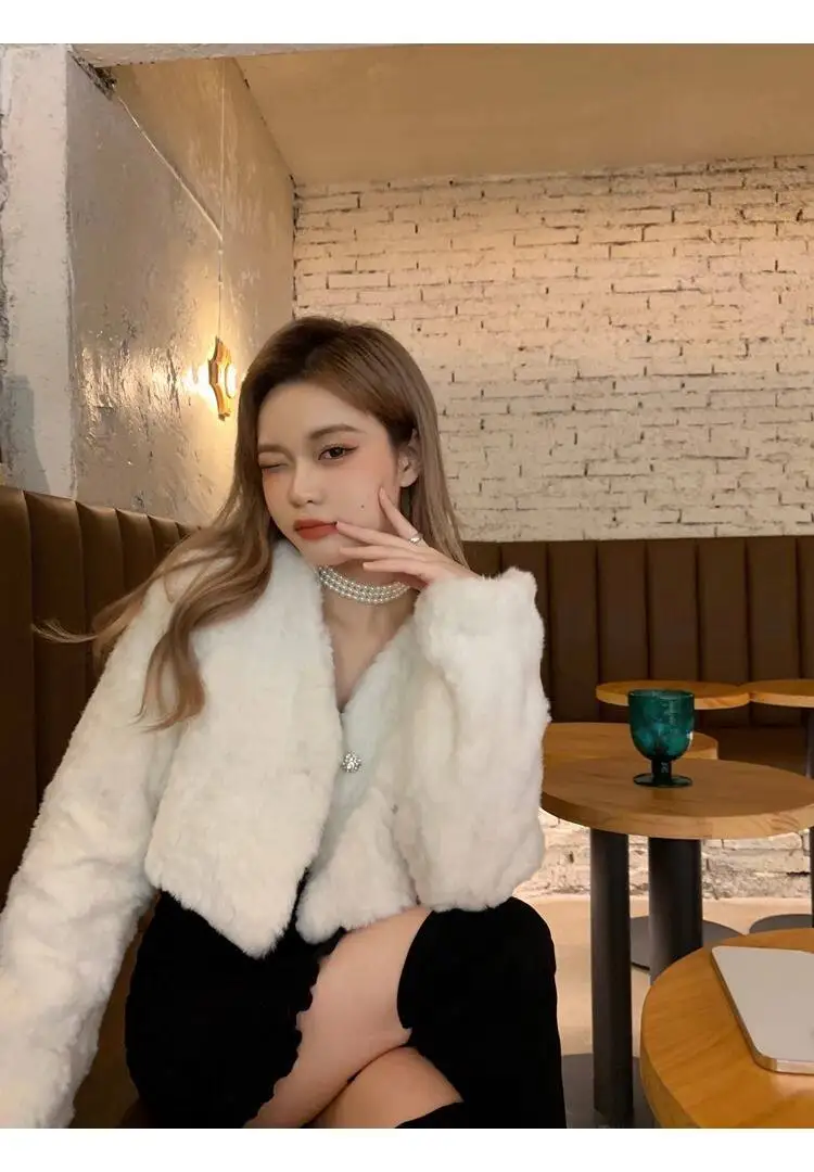 Chic V Neck Cropped Faux Rabbit Fur Jacket Women Elegant Single Button Plush Coats Woman Autumn Winter Fluffy Fleece Outerwear