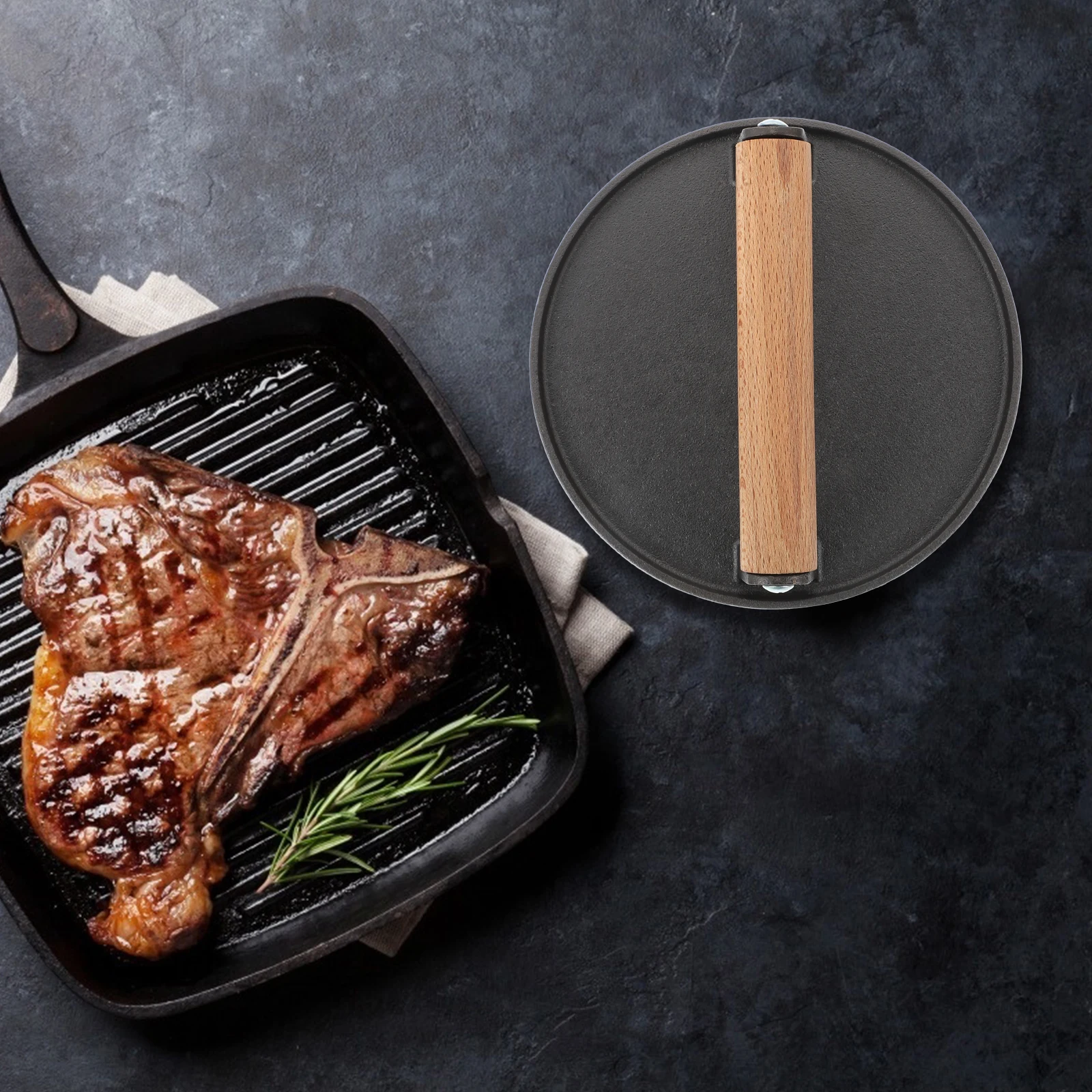 

Cast Iron Meat Plate Round Bbq Press Board Steak Press Tool Wooden Handle Small Light Easy Carry Smooth No Burr Comfortable