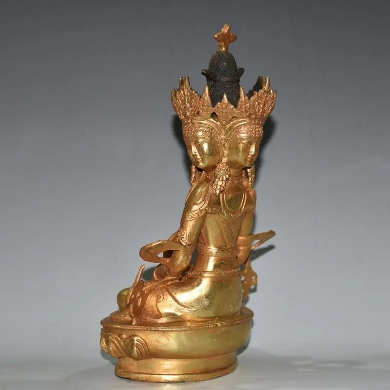 Tibetan Tantric Green Tara Statue Ornament, Gilt Bronze Altar Decoration, Avalokiteshvara Bodhisattva Three-Faced Buddha
