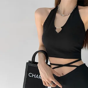 Women V Neck Hearted Hollow Out Halter Camis Tank Tops 2024 Summer Fashion Slim Cropped Lace Up Camisole