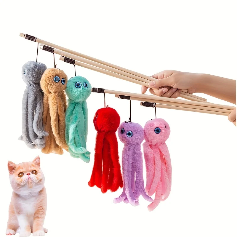 Lovely Cat Toy Funny Simulation Fish Furry Octopus Funny Exercise Teaser Stick Toy for Kitten with Furry Pendant Random Colors