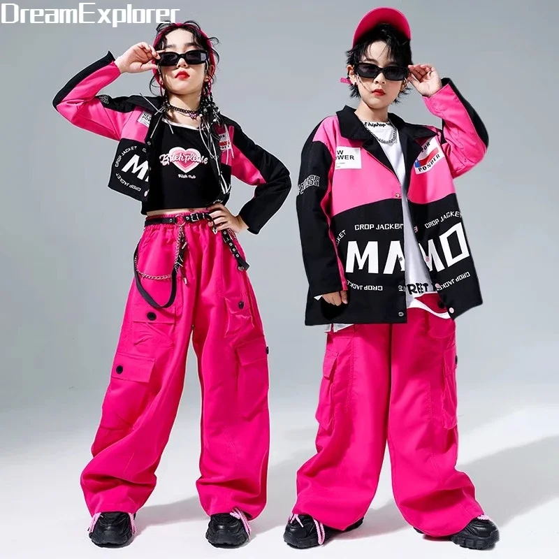 

Girls Street Dance Baseball Crop Jacket Cargo Pants Boys Hip Hop Motorcycle Coat Clothes Sets Child Jazz Costume Kids Streetwear