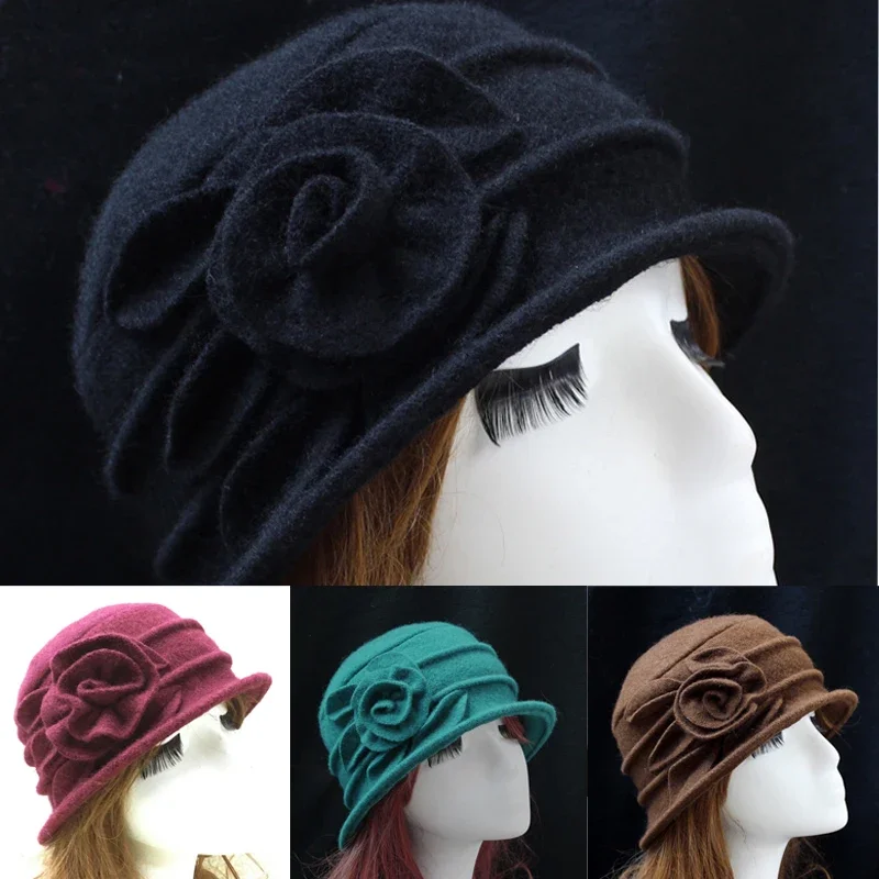 

Vintage Retro Wool Men Hats Autumn Winter Female Warm Fedora Lady Luxury Elegant Felt Beret Cap Woman Chic Flower Cloche Hat