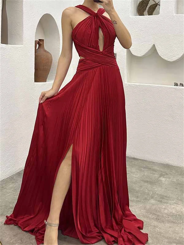 Wmstar Women Party Dress Sexy Pleated Slit Satin Solid Color Halter Sleeveless Club Fashion High Waist Birthday Evening Dresses