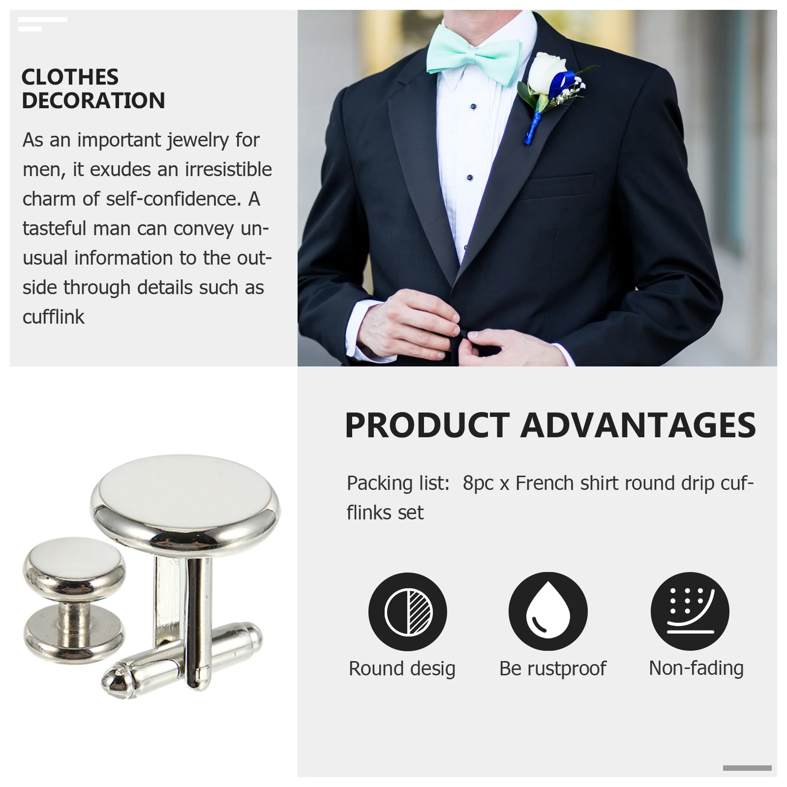 Round Cufflinks Non-rusting Practical Elegant Male Copper French Style Shirt Studs Craftwork