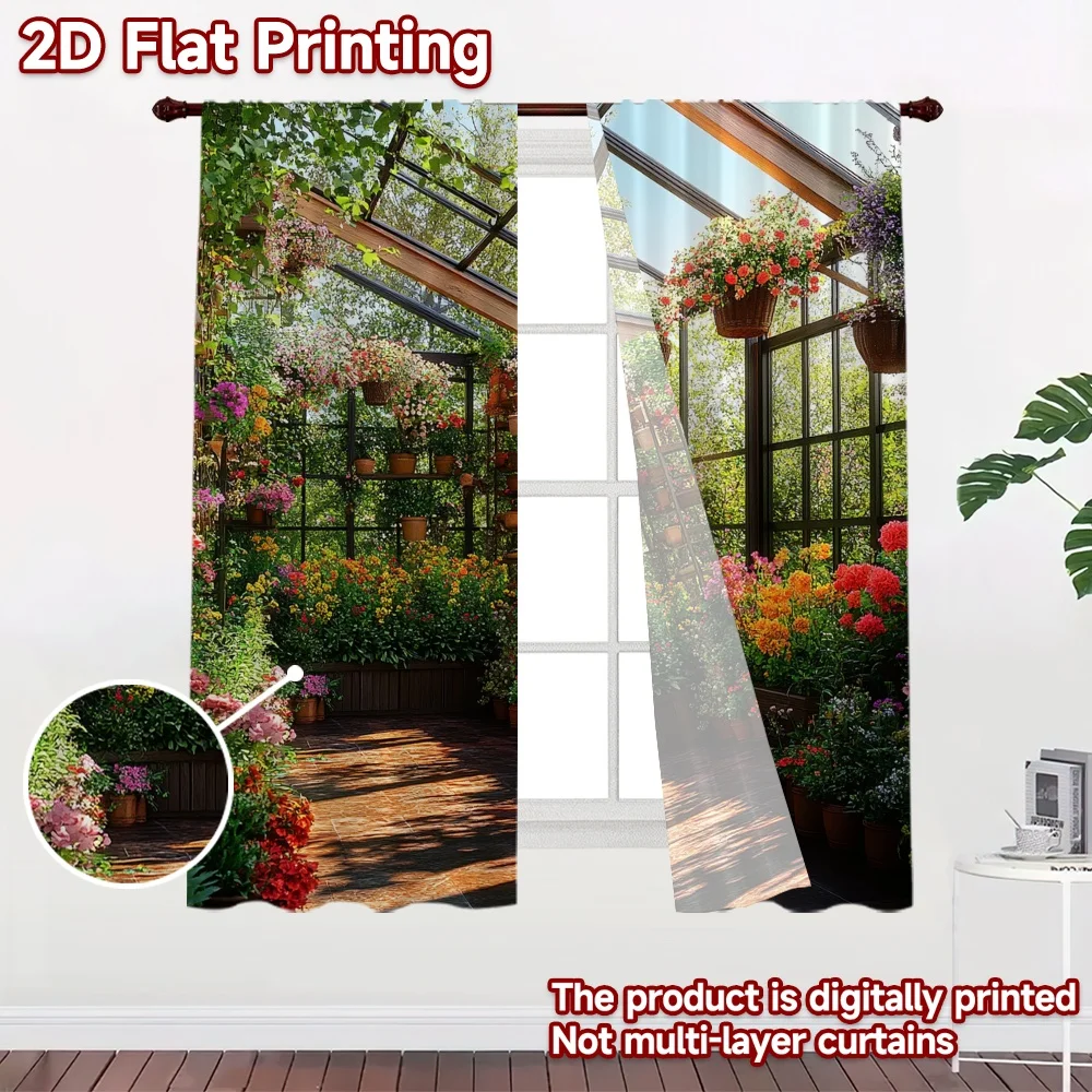 2D flat 2pcs Curtain French Romantic Style Sunlit Flower Greenhouse Digitally printed polyester Festive Wall Decor Use for