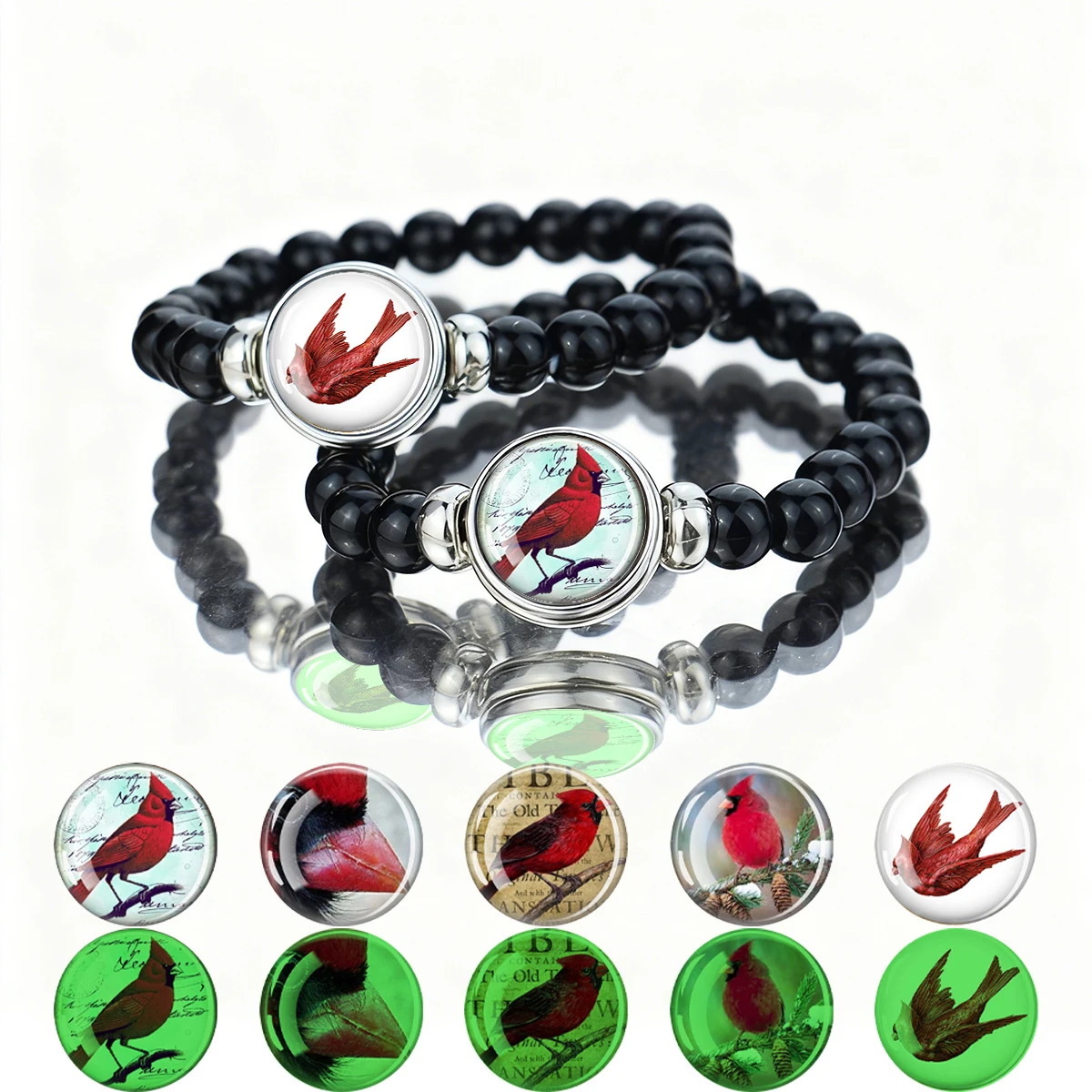 1PC Luminous Style Cardinal Patterned Glass Bead Elastic Bracelet with Detachable Buckle Glass Decoration, Suitable As A Gift