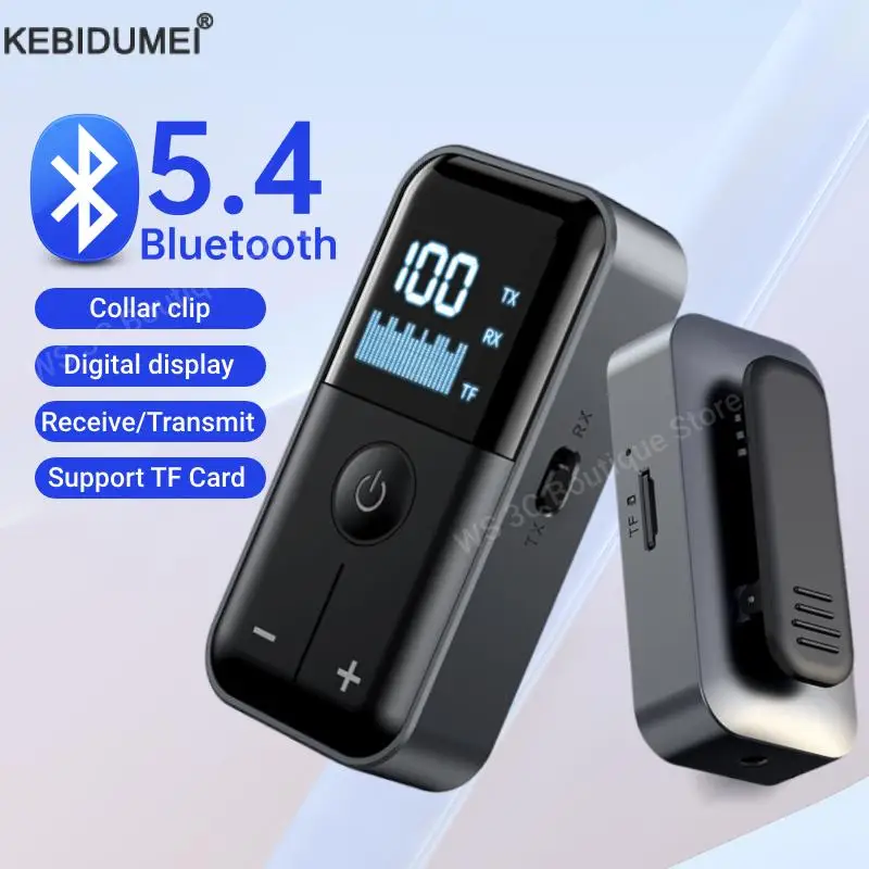 Bluetooth 5.4 Audio Transmitter Receiver 3.5MM AUX Support TF Card With Mic Collar-Clip Wireless Adapter For Car Airplane TV PC