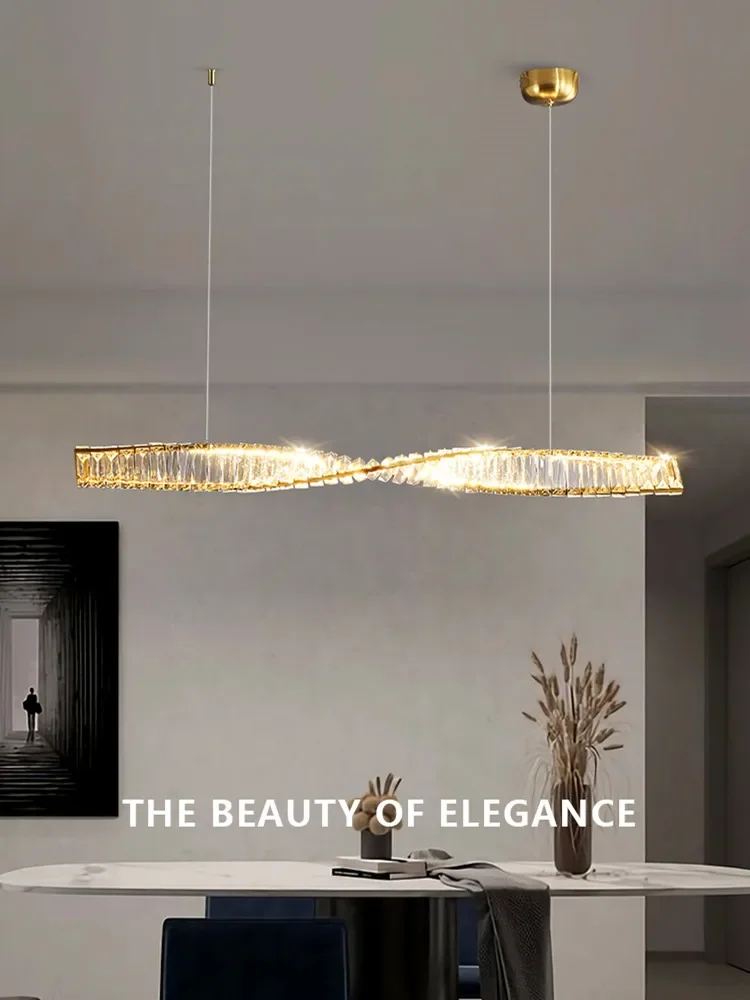 Dining Room Crystal LED Chandelier Modern One Word Spiral Design Pendant Lamps Luxury Kitchen Island Bar Table Suspension Light