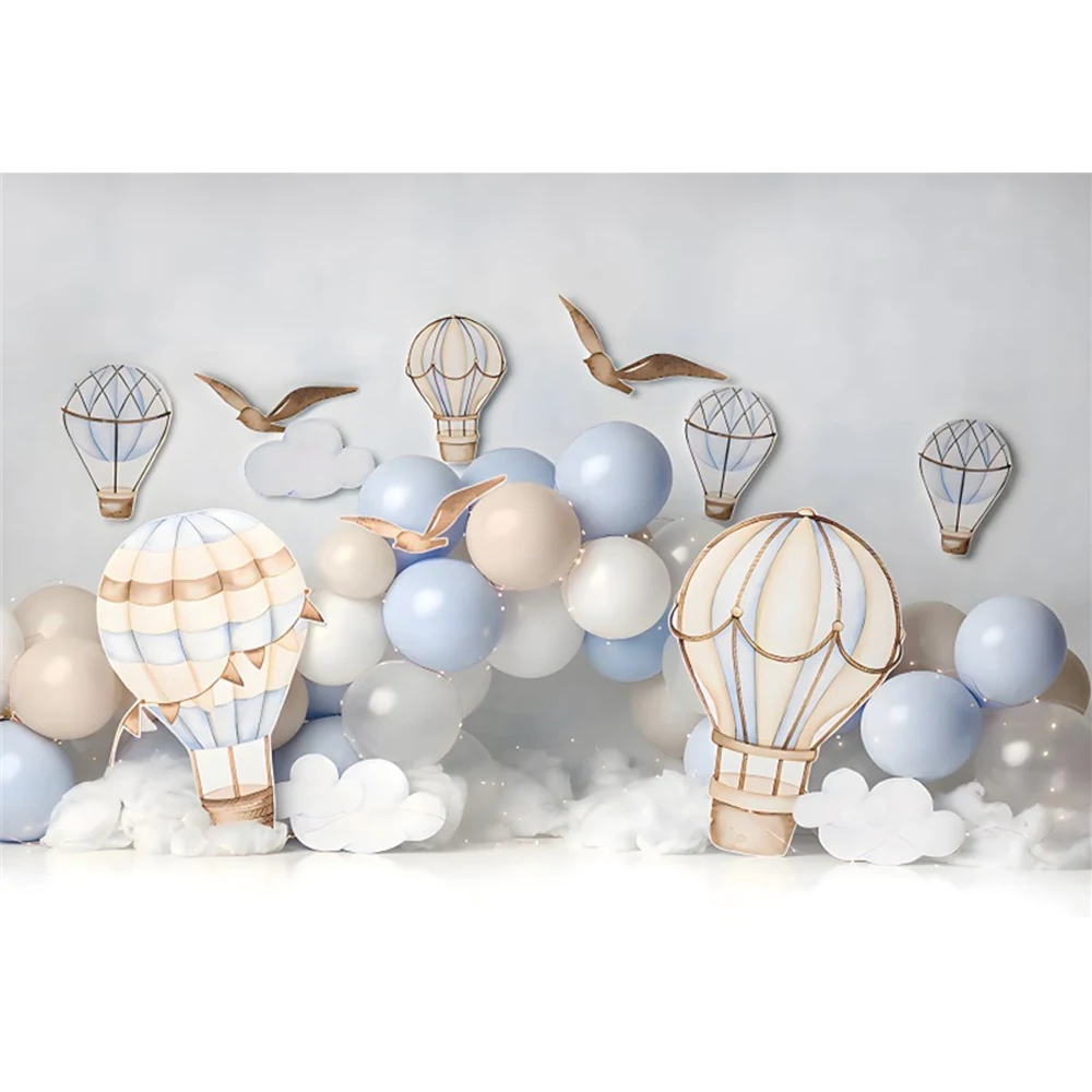 Laeacco Hot Air Balloon Party Scene Backdrop Blue Balloons Cloud Girl Birthday Party Baby Shower Portrait Photography Background