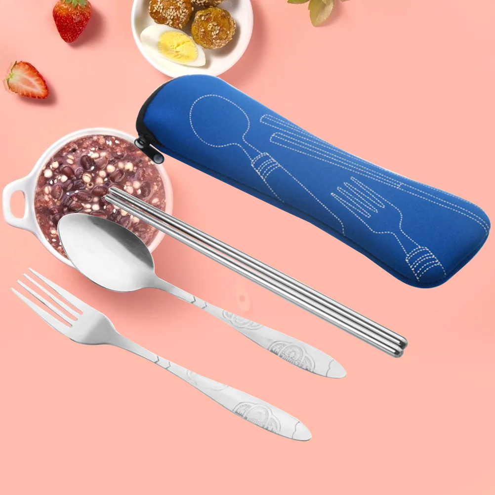 4 Pcs Stainless Steel Tableware Suit Premium Portable Patterned Fork Spoon Chopstick Set Dinnerware Set with Storage Bag (Blue)