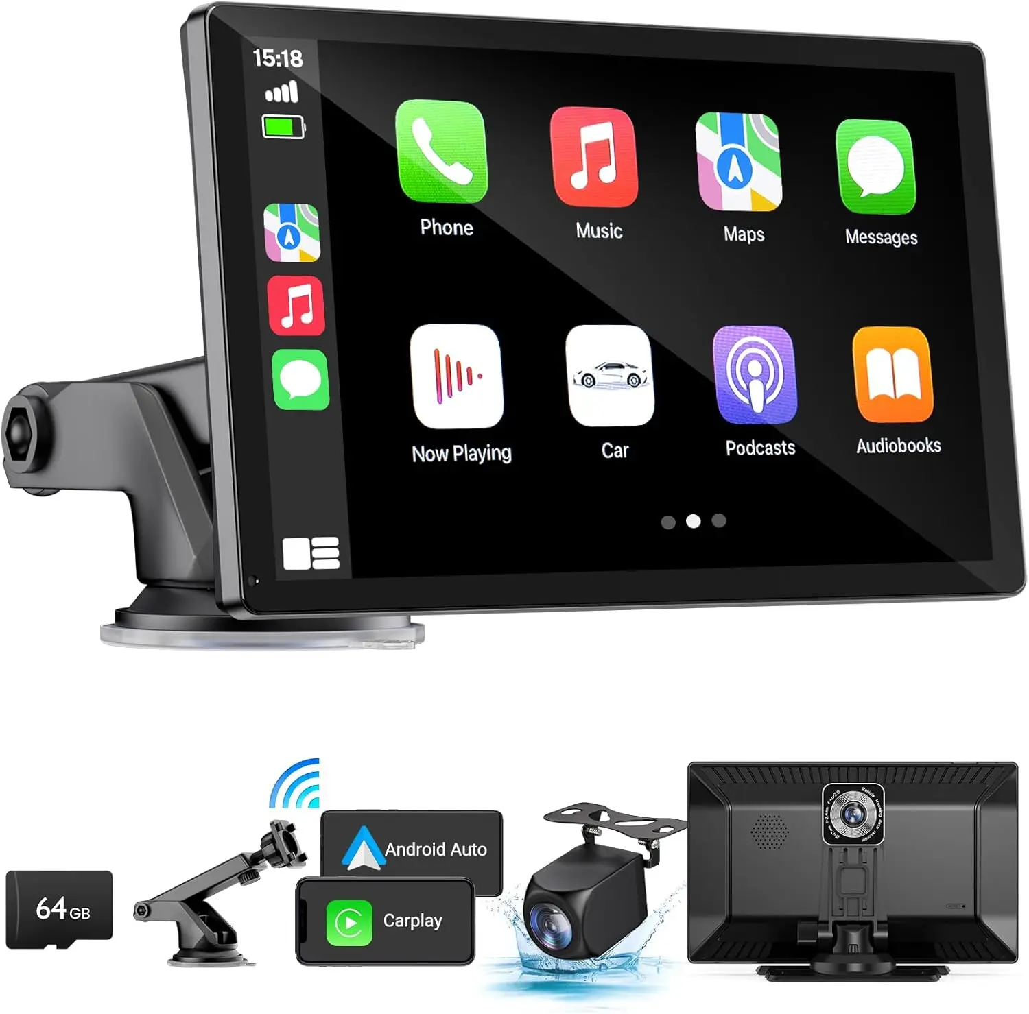 

9-дюймовый беспроводной экран с CarPlay и Android Auto, 4K видеорегистратором, GPS-навигацией и голосовым управлением