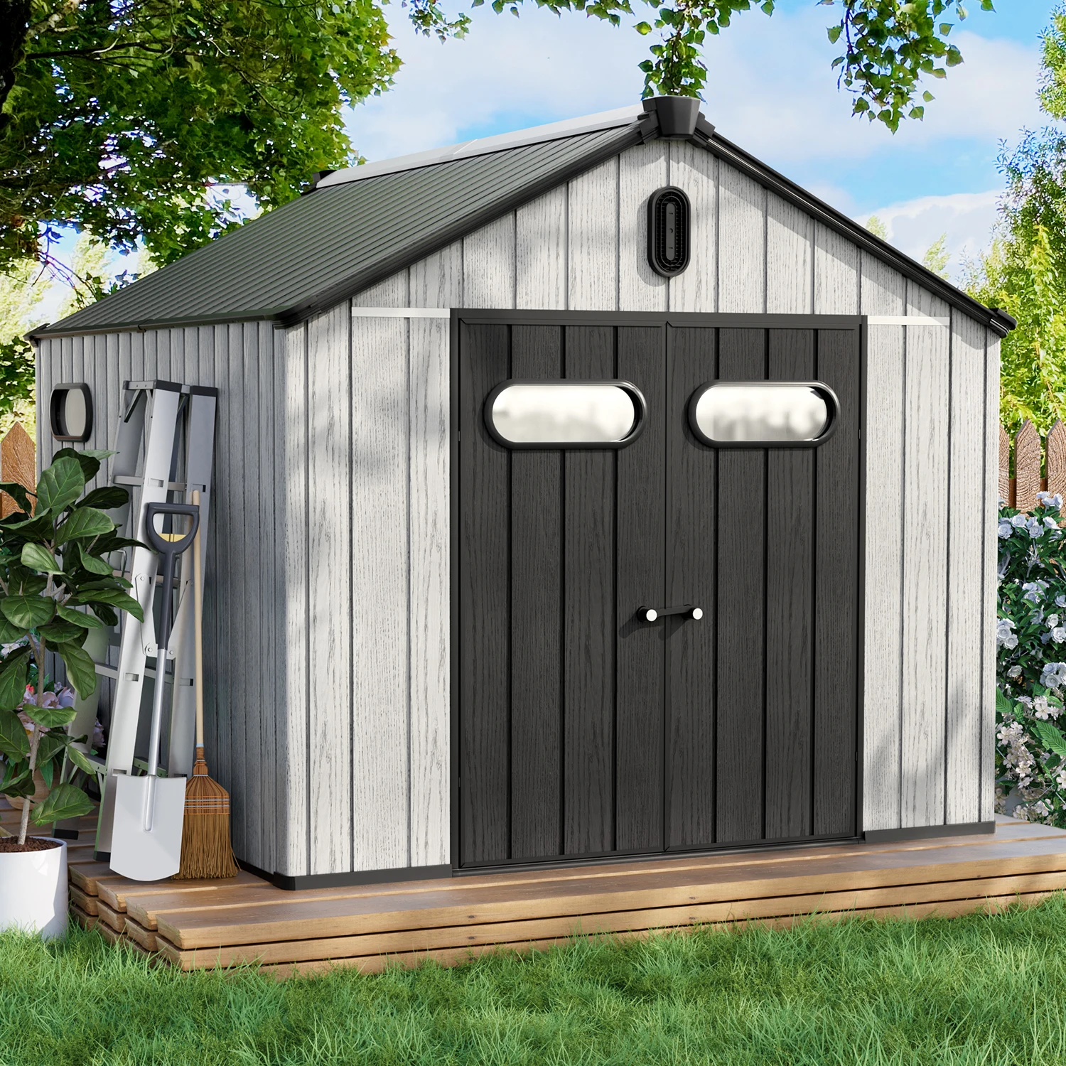 Set, 8' x 10' Heavy-Duty Waterproof Resin Plastic Garden Shed Outdoor Storage Cabinet for Practical & Durable Use