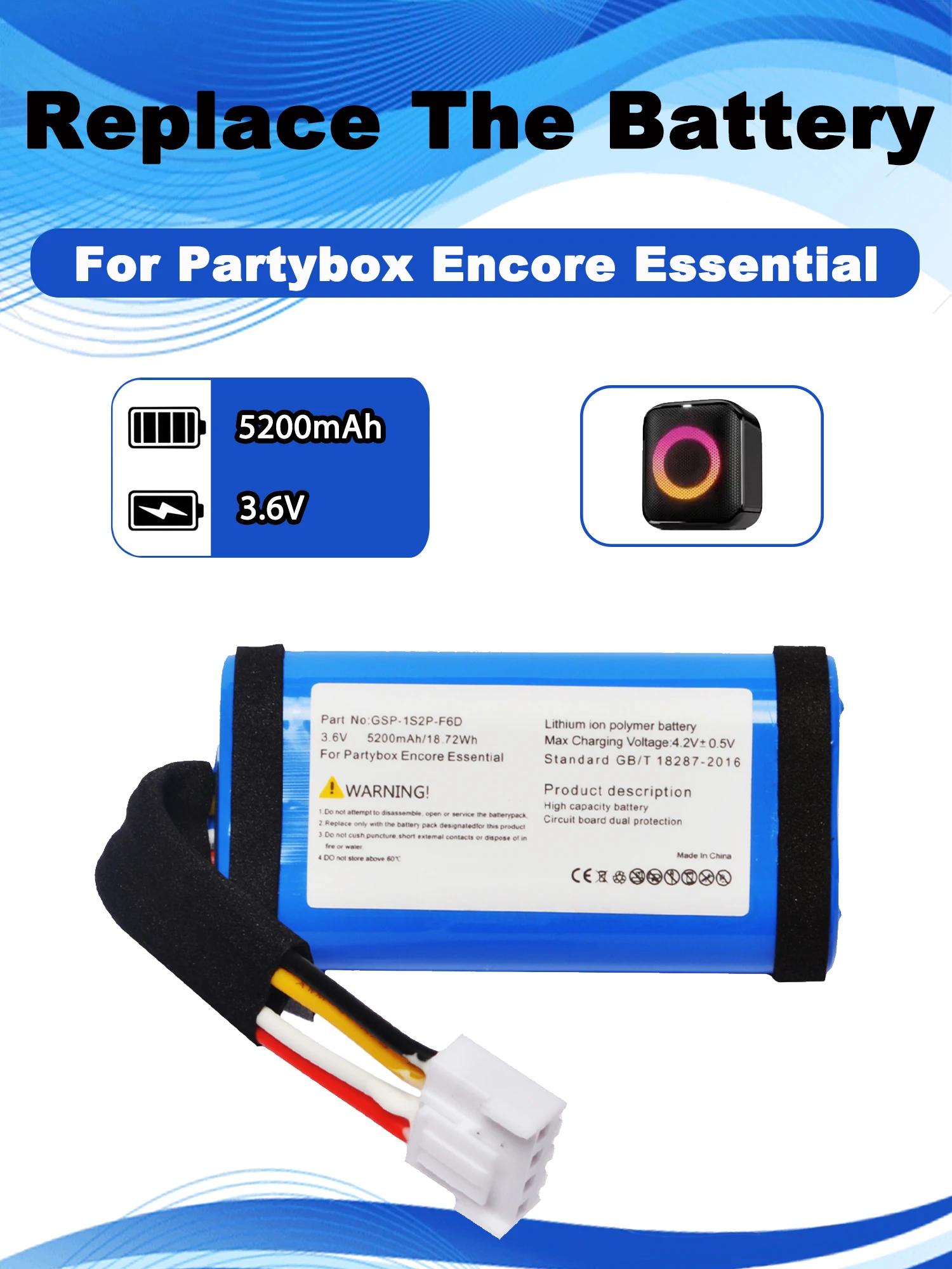 3.6V Speaker Battery For JBL Partybox Encore Essential Bluetooth Speaker 5200mAh GSP-1S2P-F5A