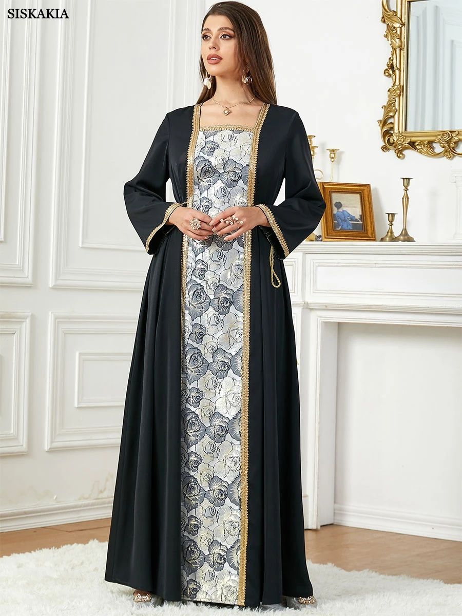 Siskakia Fashion Dubai Abaya Muslim Woman Kaftan With Belt Square Collar Moroccan Saudi Long Dress Elegant Robe Clothing 2024