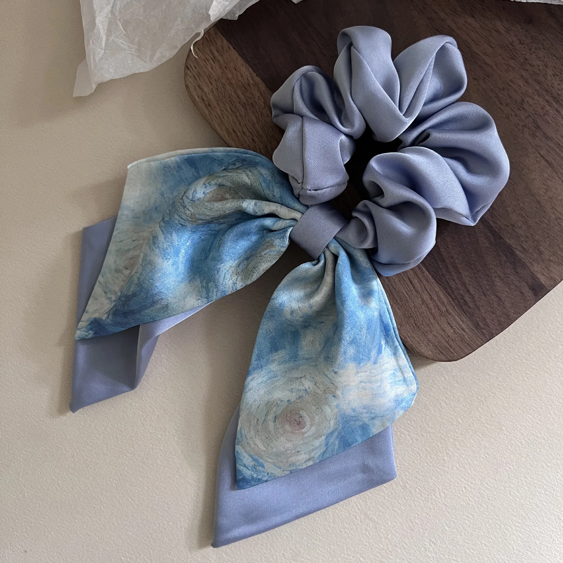 

Starry blue high-end oil painting Satin large intestine hair loop tie hair rope elegant rope bun hair decoration для дево